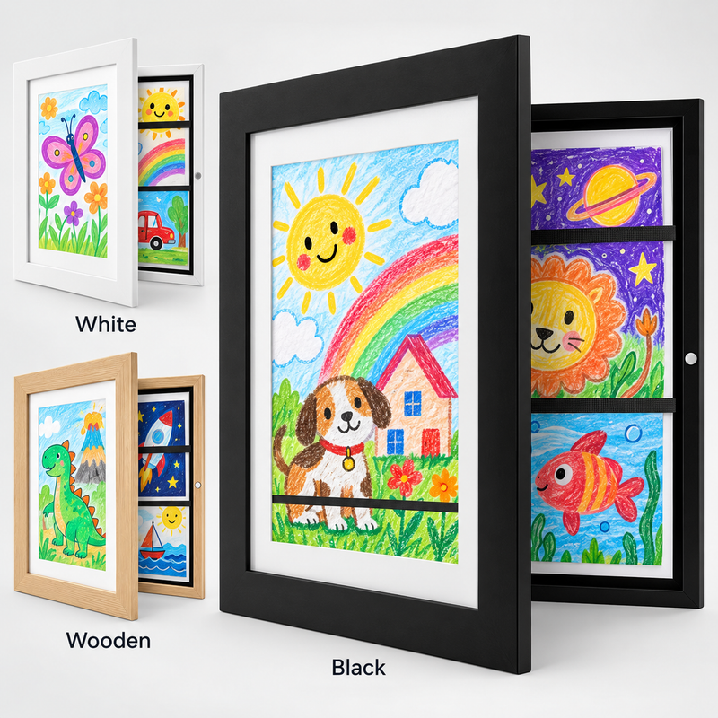 MyPicasso magnetic kids art frames in White, Natural Wood and Black, each displaying a different child's drawing